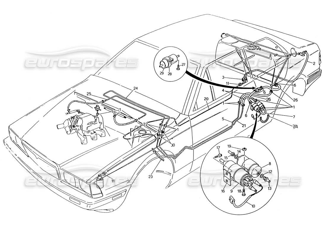 maserati 222 / 222e biturbo fuel pipes parts diagram