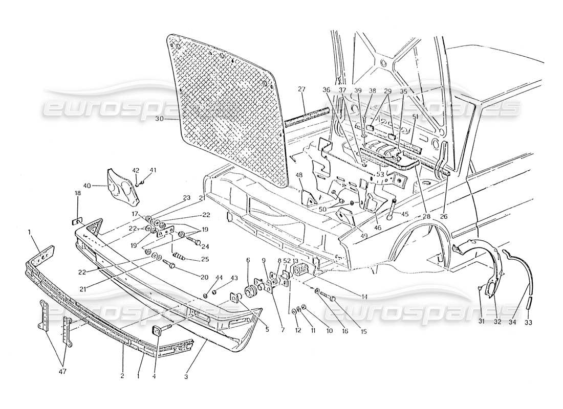 maserati biturbo spider front bumper and sound proof felts part diagram