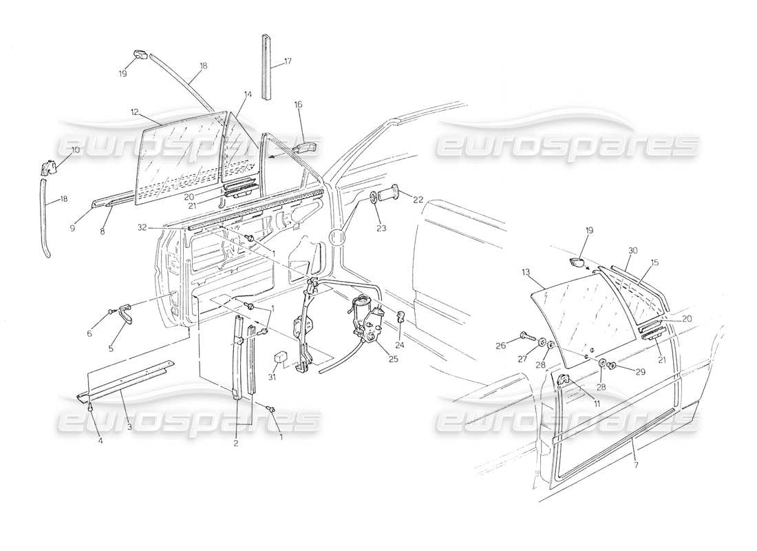 maserati biturbo spider doors-windows and regulators part diagram