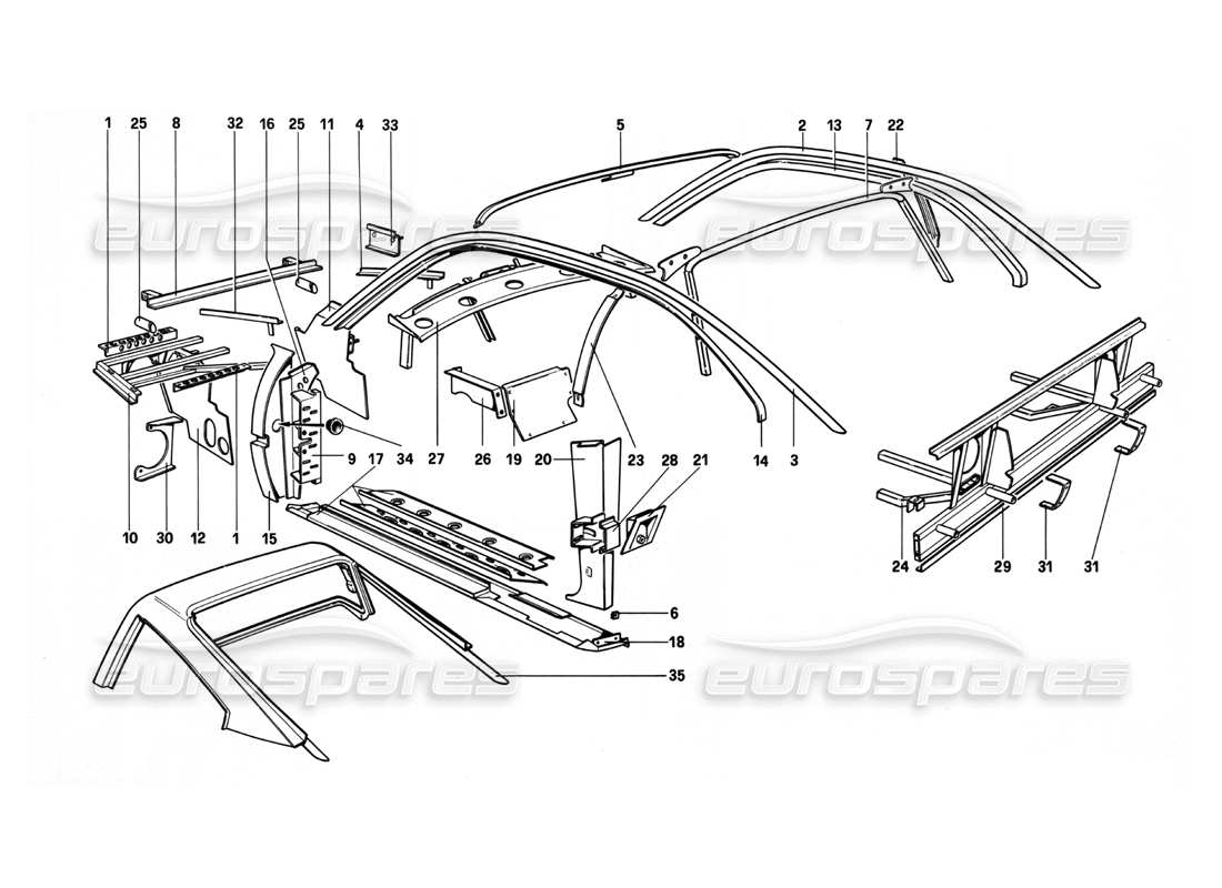 ferrari 208 turbo (1982) body shell - inner elements parts diagram