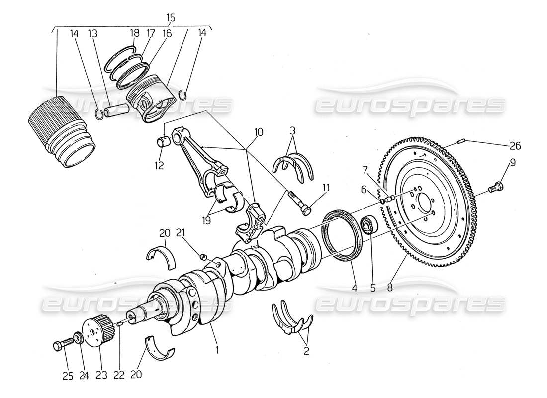 maserati 2.24v crankshaft - pistons, connecting rods and flywheel parts diagram