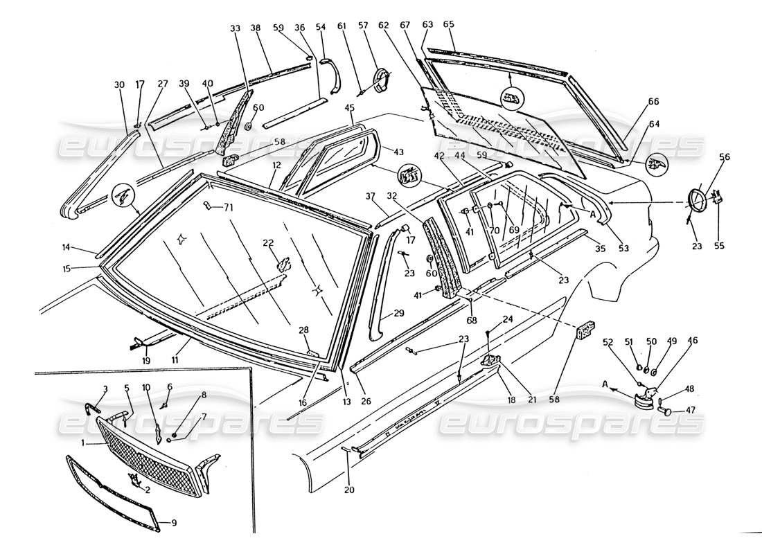 maserati 222 / 222e biturbo radiator grille-finishers-fixed glasses part diagram