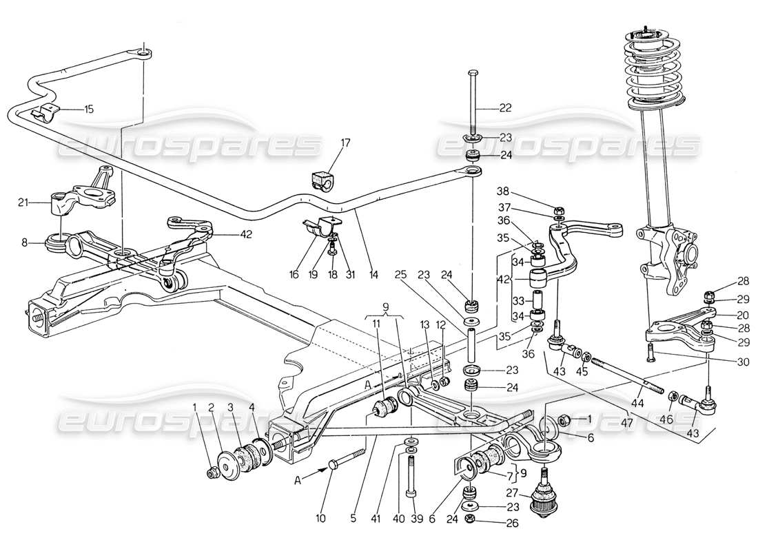 maserati 222 / 222e biturbo front suspension part diagram