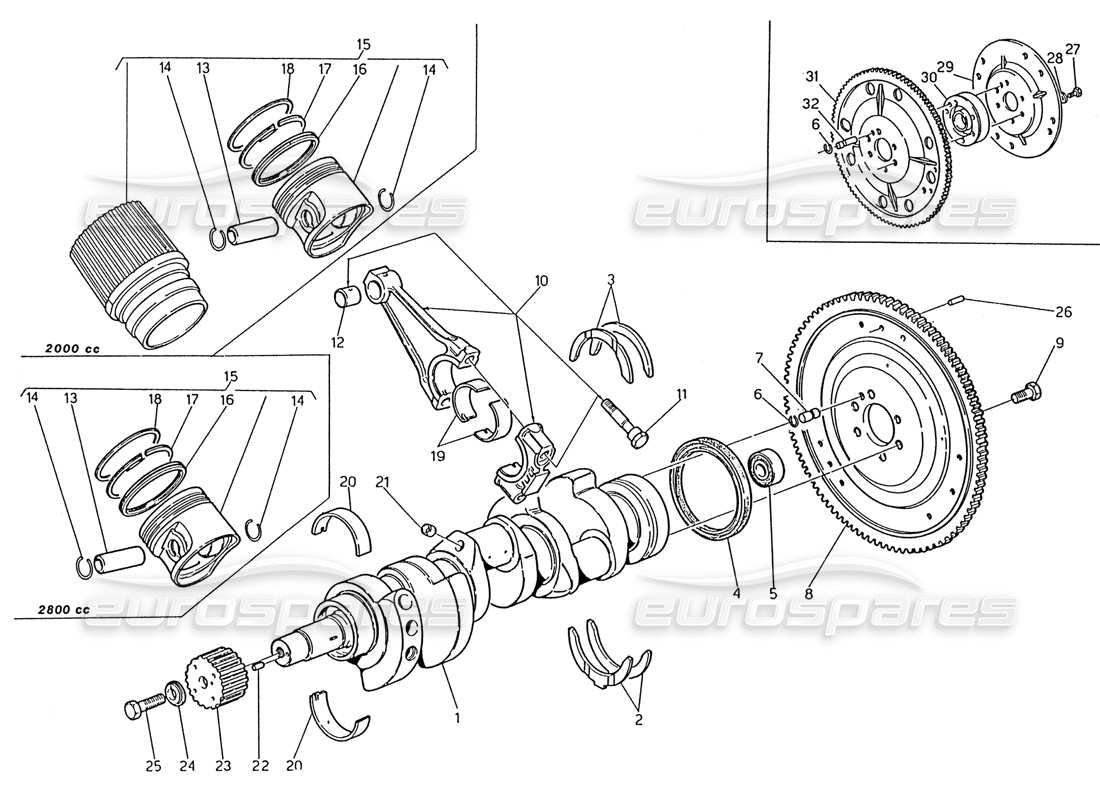 maserati 222 / 222e biturbo crankshaft - pistons - connecting rods and flywheel part diagram