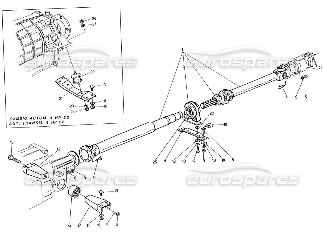 maserati 222 / 222e biturbo propeller shaft and carrier parts diagram