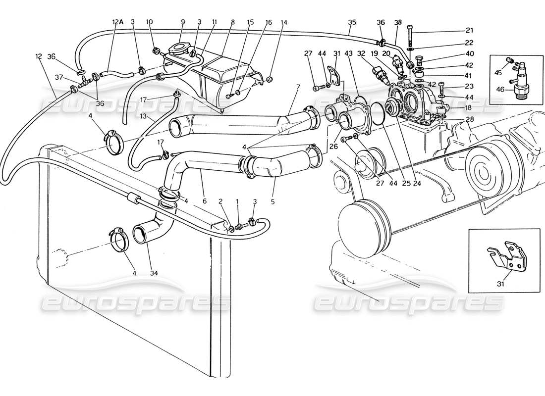 maserati 222 / 222e biturbo engine cooling pipes and thermostat part diagram