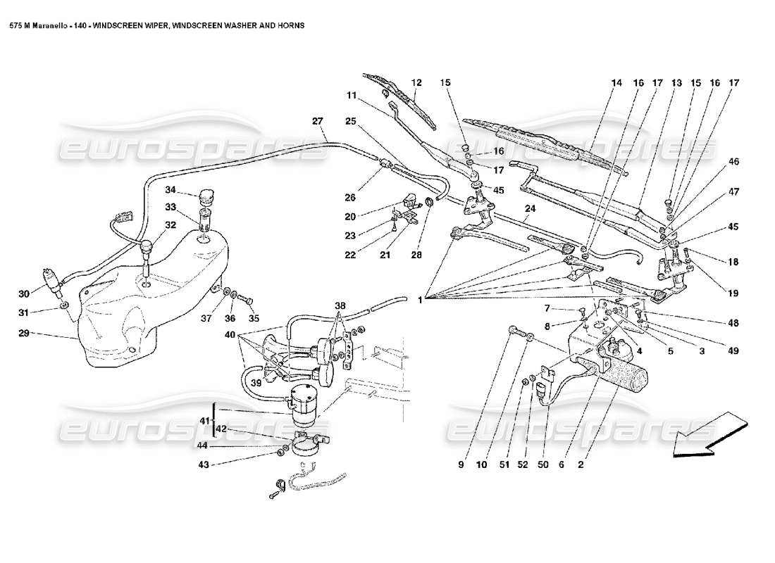 ferrari 575m maranello windscreen wiper, windscreen washer and horns parts diagram
