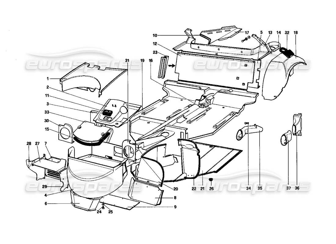 ferrari 208 turbo (1982) body shell - inner elements parts diagram