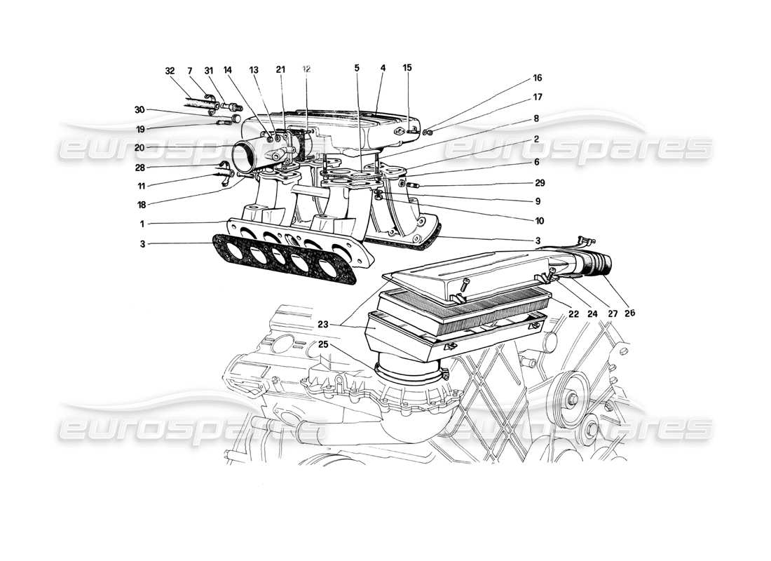 ferrari 208 turbo (1982) air intake and manifolds parts diagram