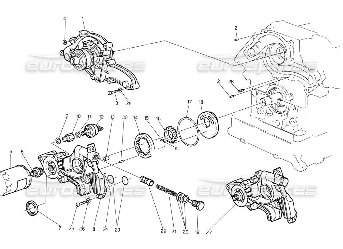 maserati biturbo spider water pump - oil pump part diagram