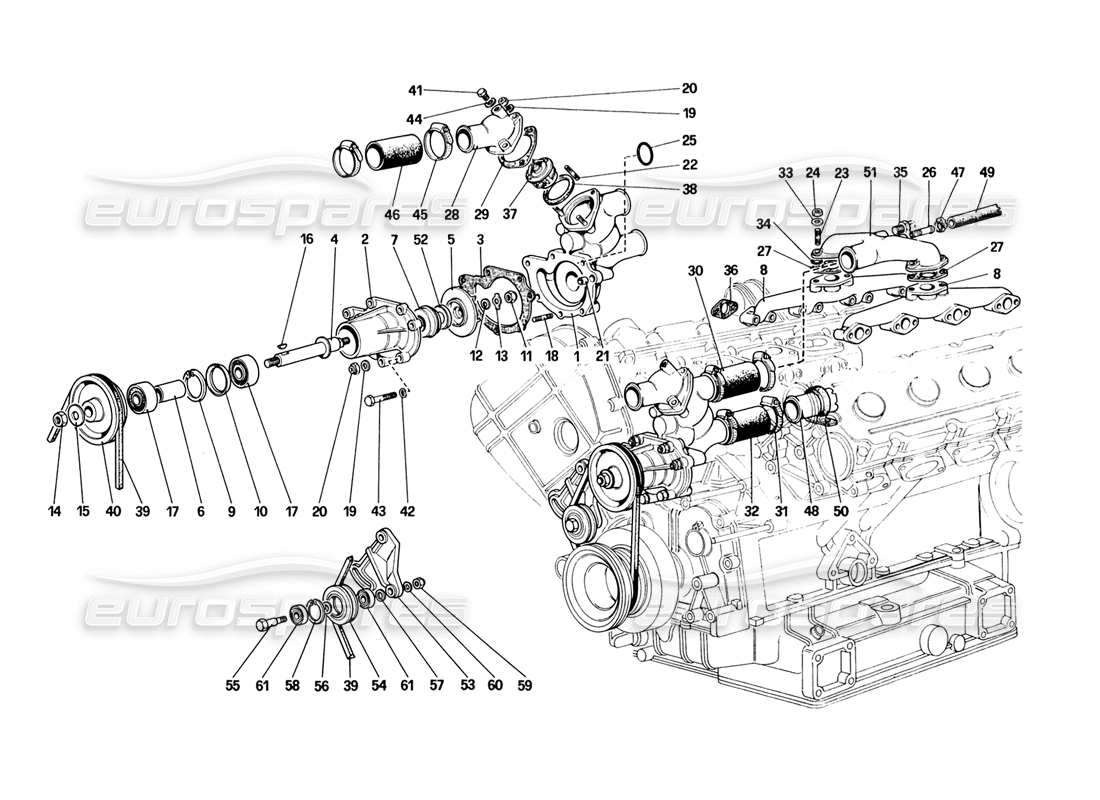 ferrari 328 (1988) water pump and pipings part diagram