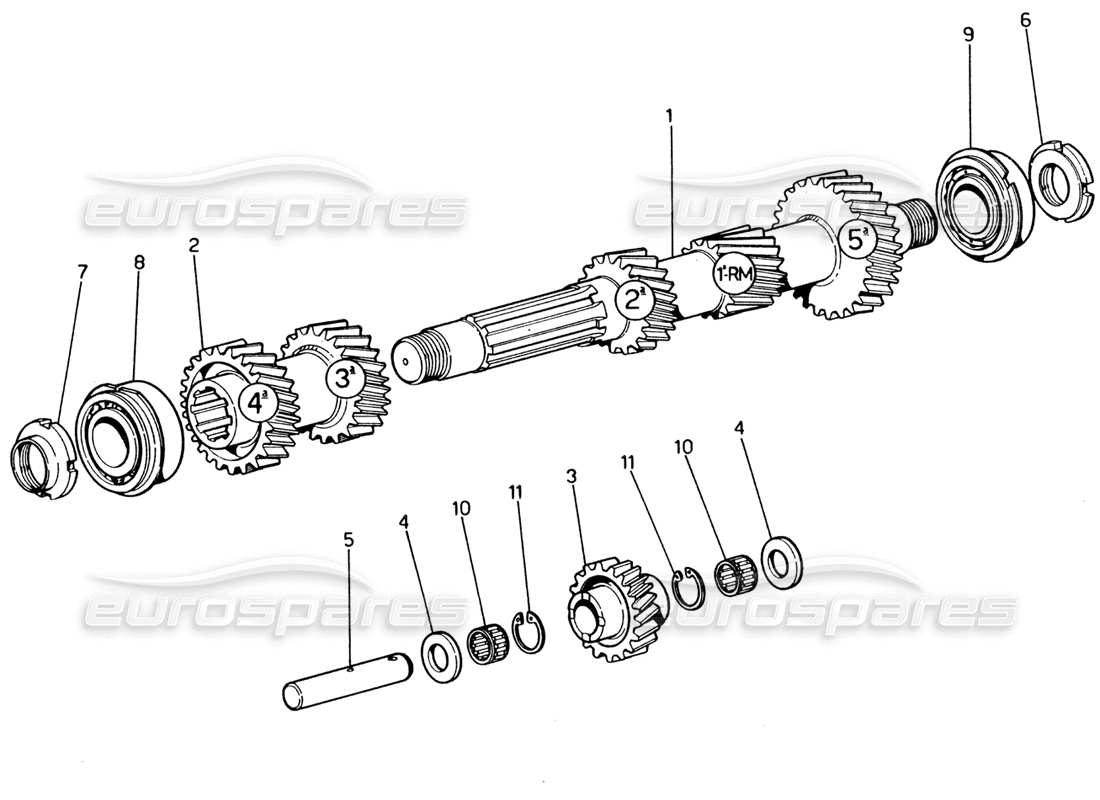 ferrari 365 gt4 2+2 (1973) main shaft gears part diagram