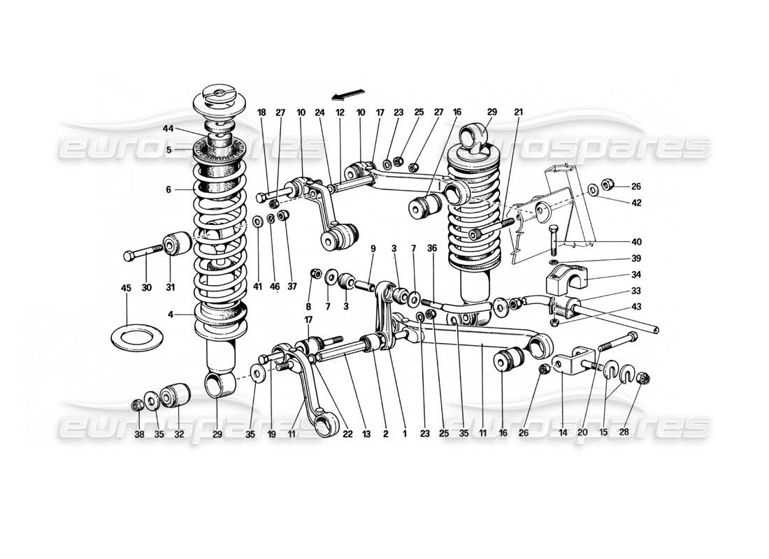 ferrari 512 bbi rear suspension - wishbones and shock absorbers part diagram
