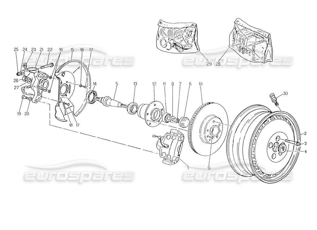 maserati karif 2.8 wheels, hubs and front brakes parts diagram