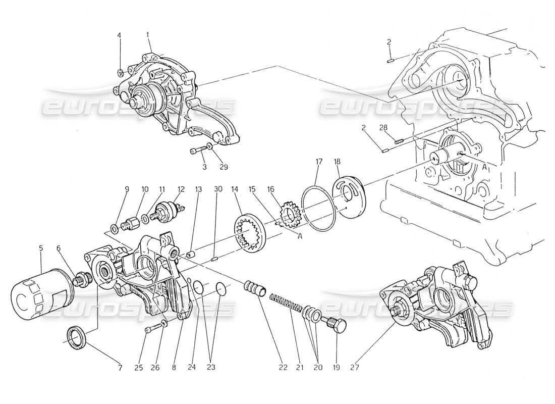 maserati karif 2.8 water pump - oil pump parts diagram