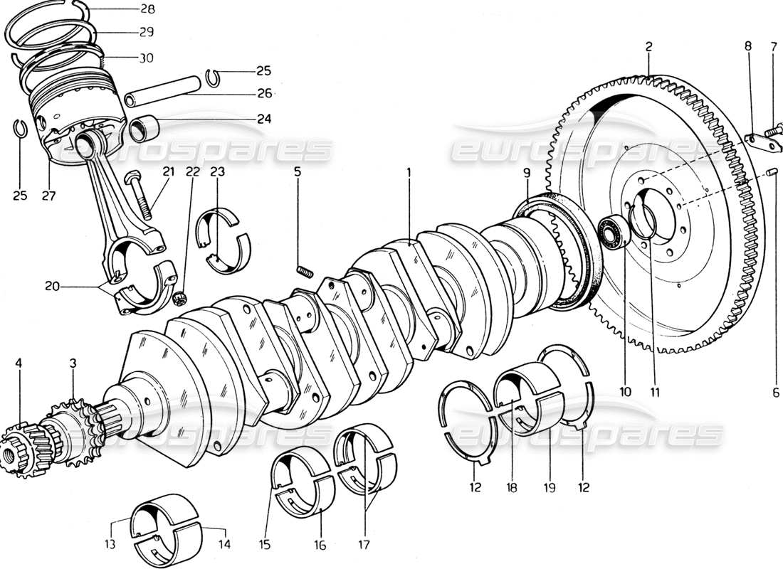 ferrari 365 gt4 2+2 (1973) crankshaft, connecting rods and pistons part diagram