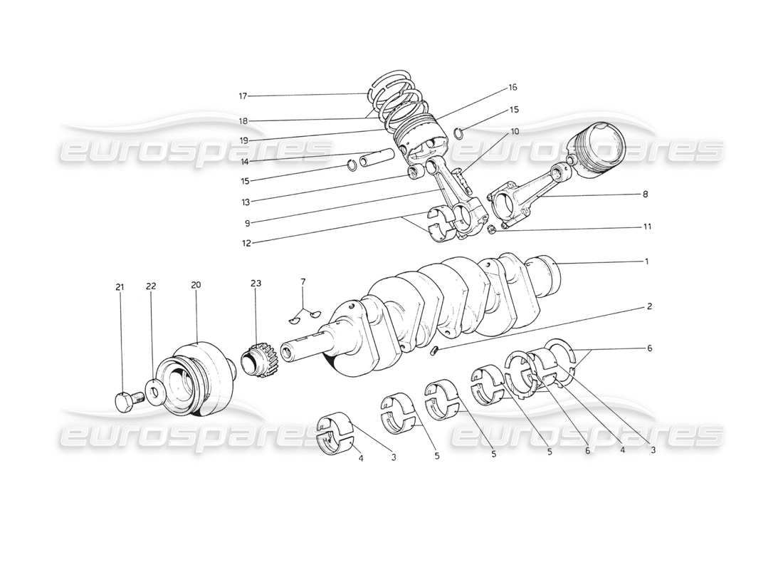 ferrari 208 gt4 dino (1975) crankshaft - connecting rods and pistons parts diagram
