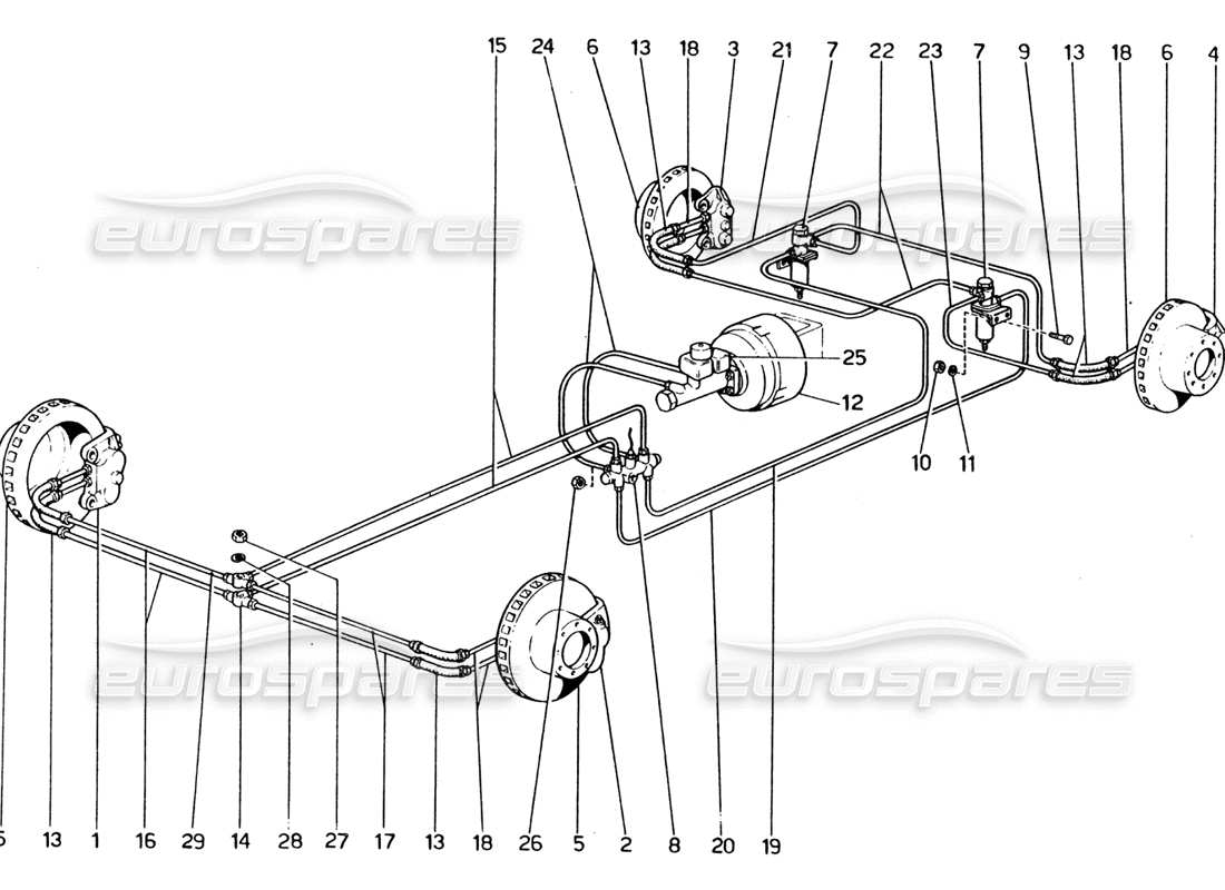 ferrari 365 gt4 2+2 (1973) brake hydraulic system on wheels part diagram