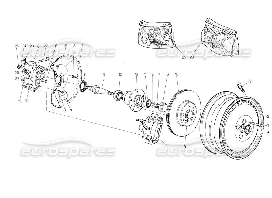 maserati biturbo spider wheels, hubs and front brakes part diagram