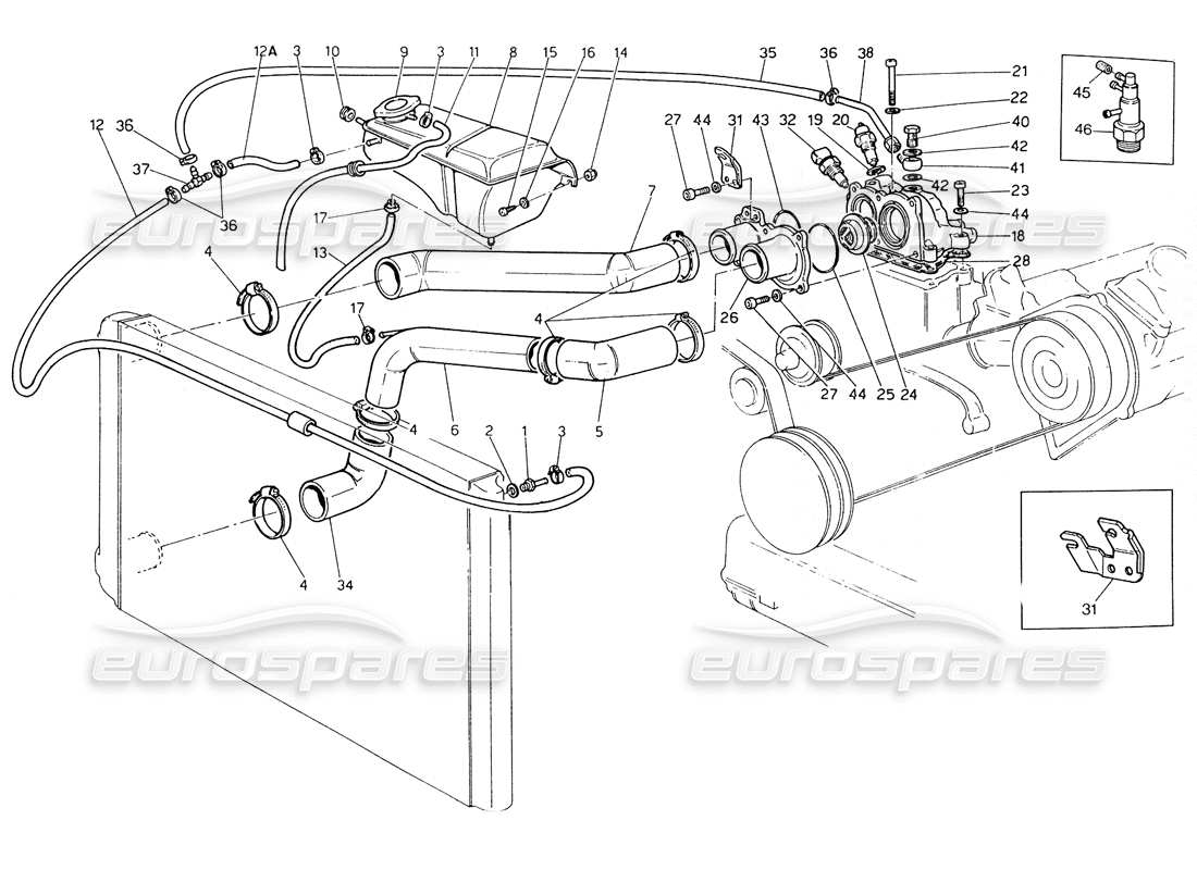 maserati biturbo spider engine cooling pipes and thermostat part diagram