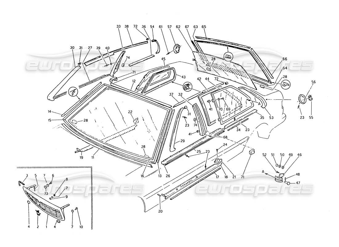 maserati biturbo 2.5 (1984) radiator grill - finishers - fixed glasses parts diagram