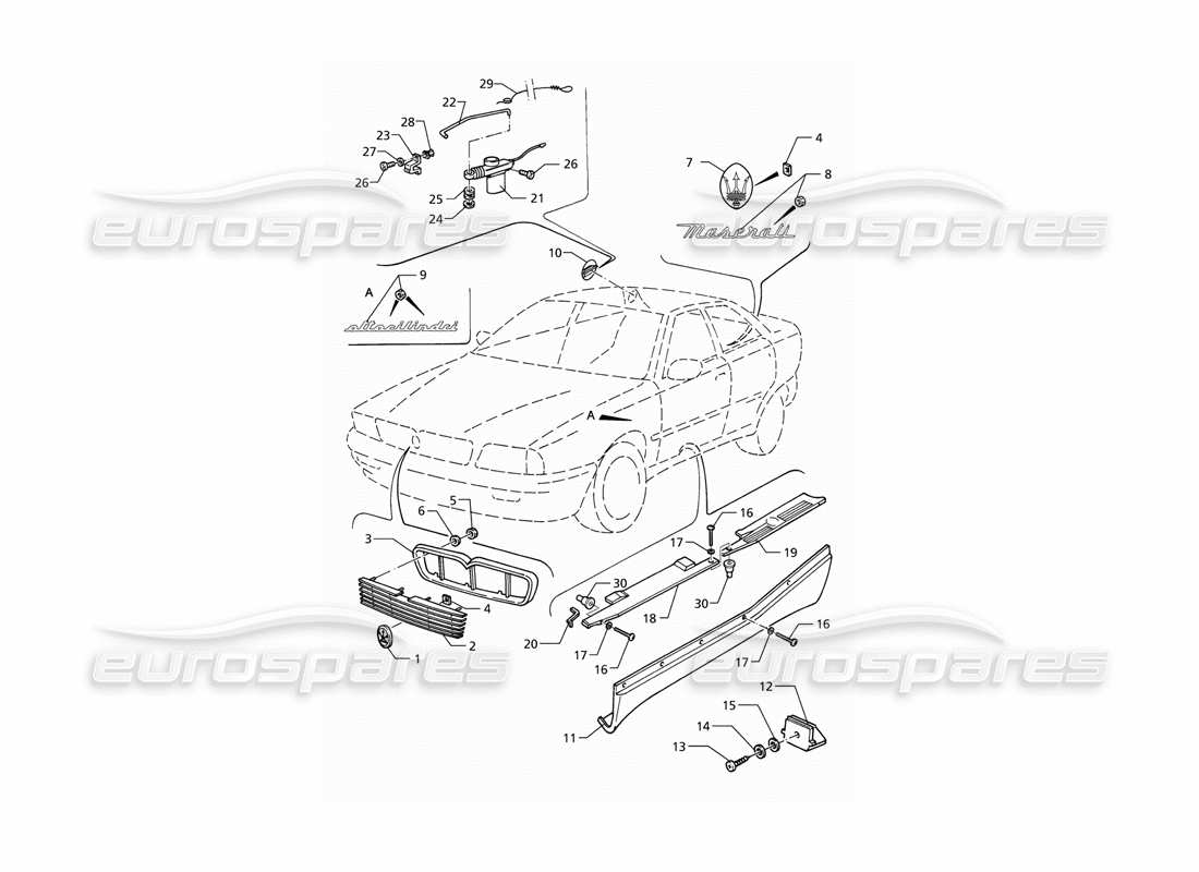 maserati qtp v8 (1998) external finishing - badges parts diagram