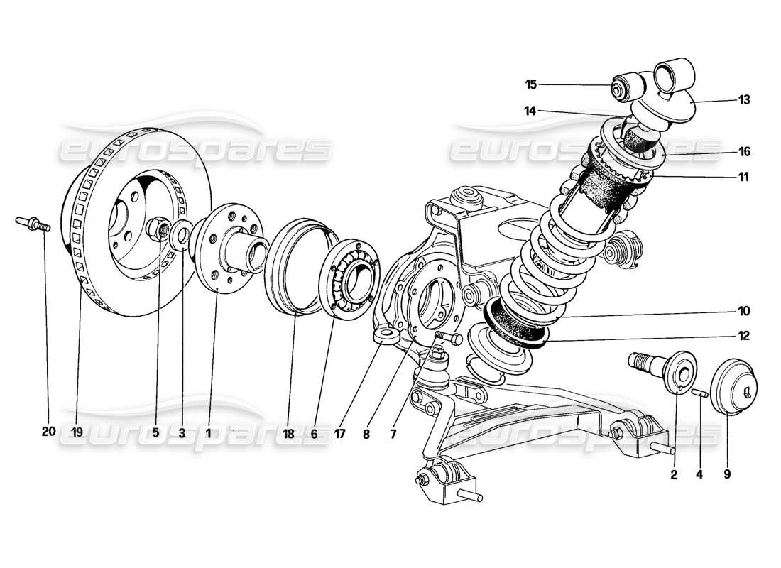 ferrari 328 (1988) front suspension - shock absorber and brake disc (up to car no. 76625) parts diagram