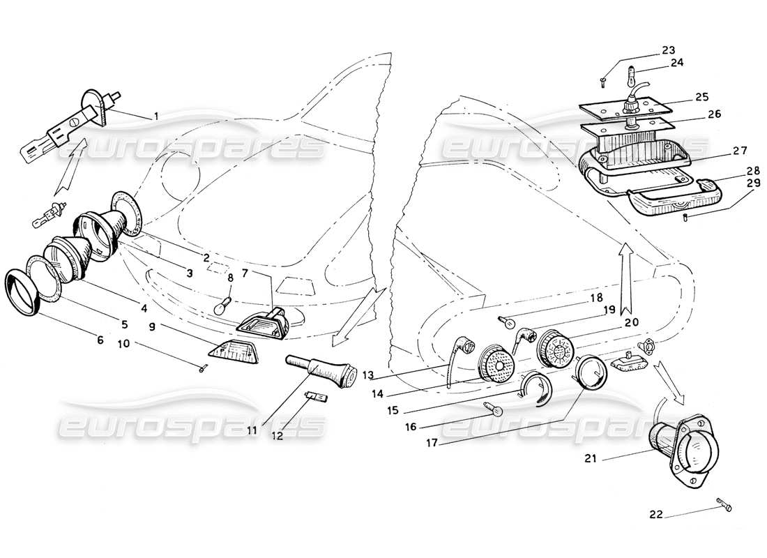 ferrari 206 gt dino (coachwork) front & rear lights parts diagram
