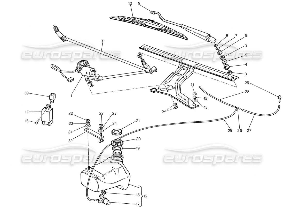 maserati 222 / 222e biturbo windshield wiper - washer (lh steering) part diagram