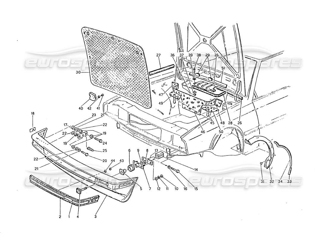 maserati biturbo 2.5 (1984) front bumper and sound proof felts part diagram