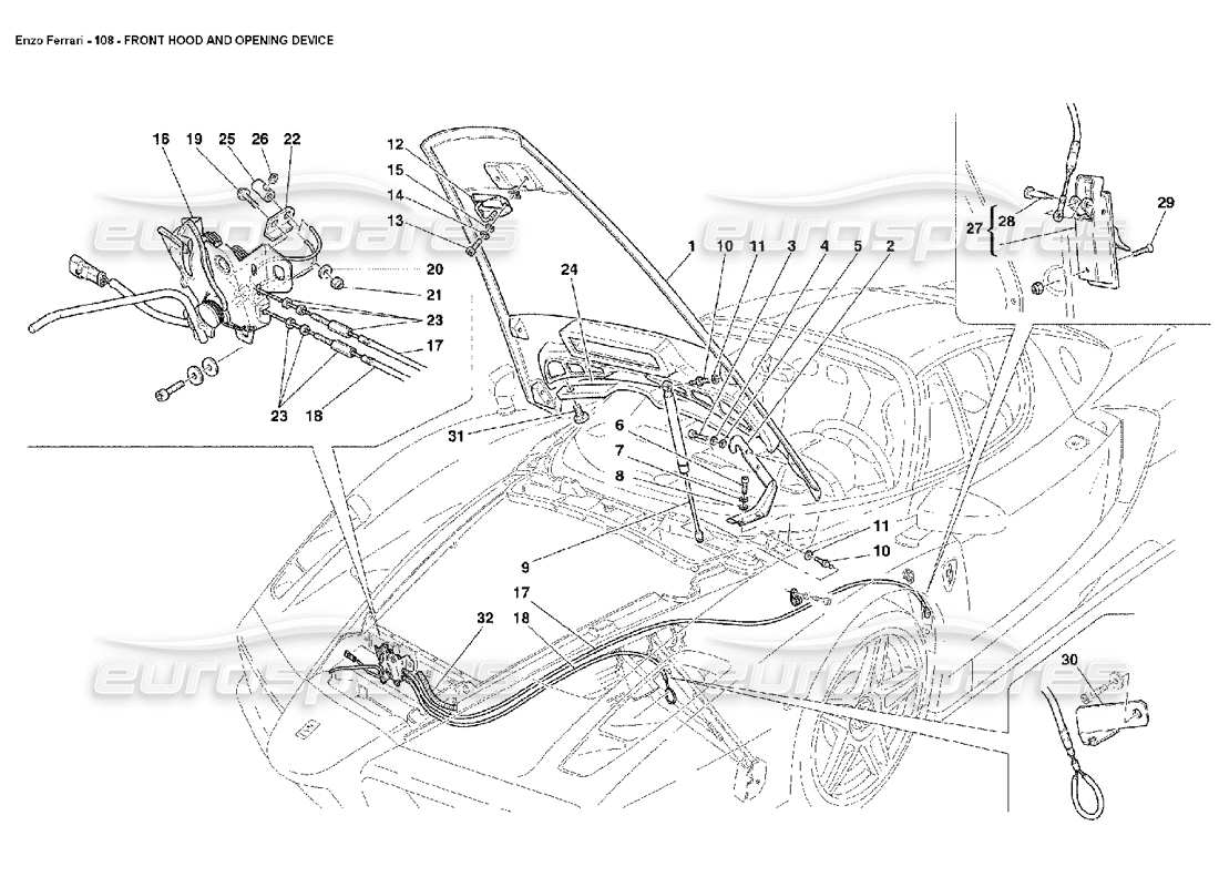 ferrari enzo front hood and opening device parts diagram
