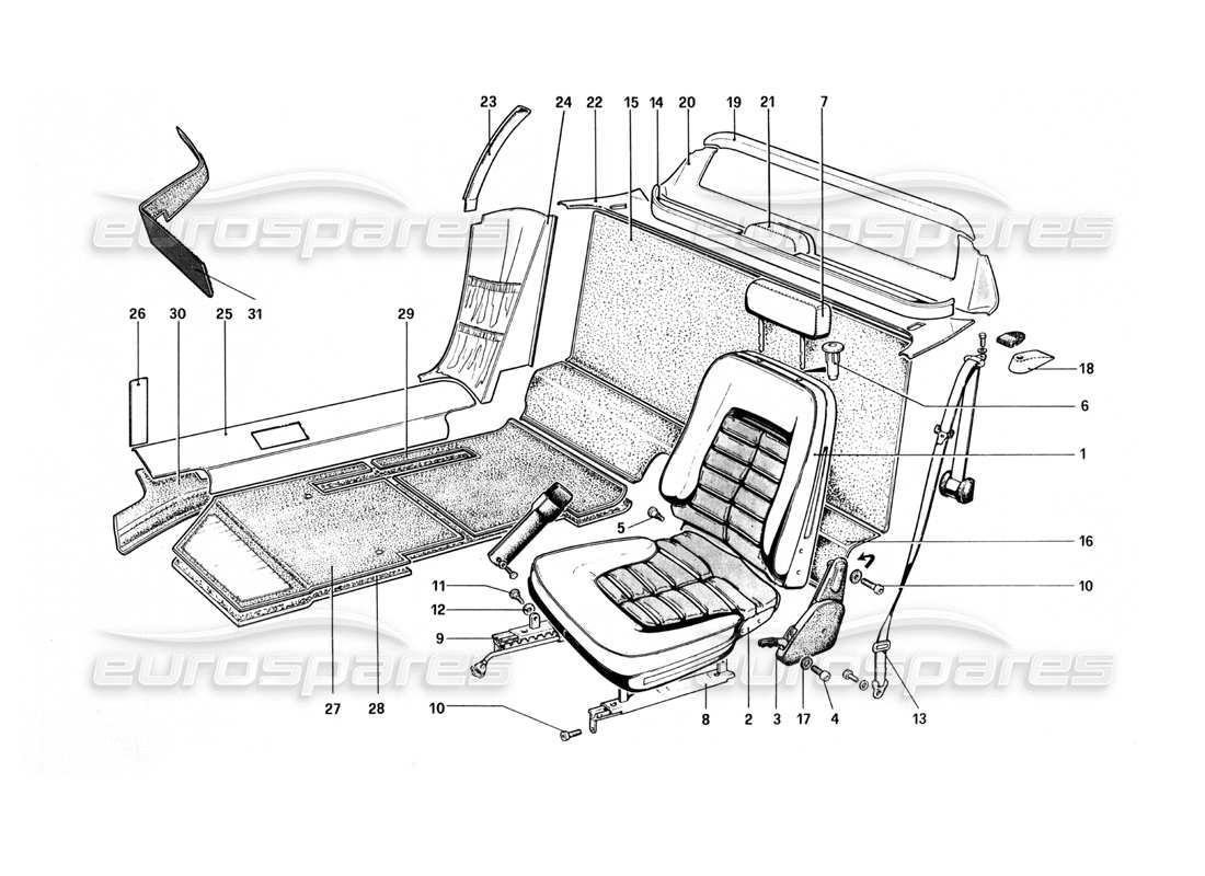 ferrari 512 bbi interior trim, accessories and seats part diagram