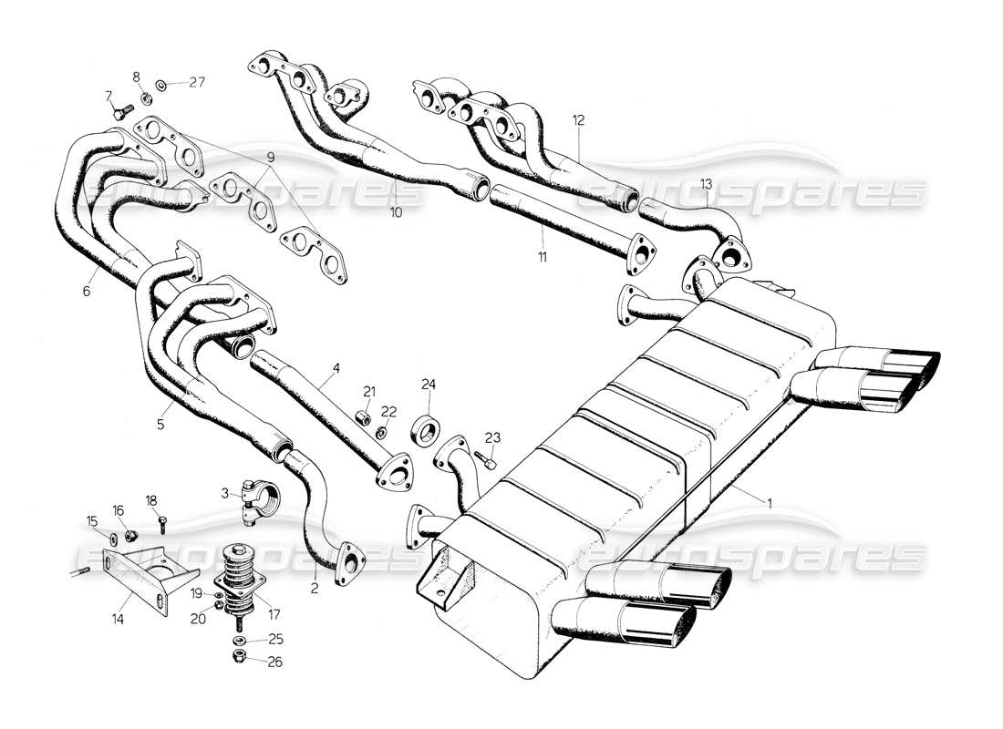 lamborghini countach 5000 s (1984) exhaust pipes part diagram