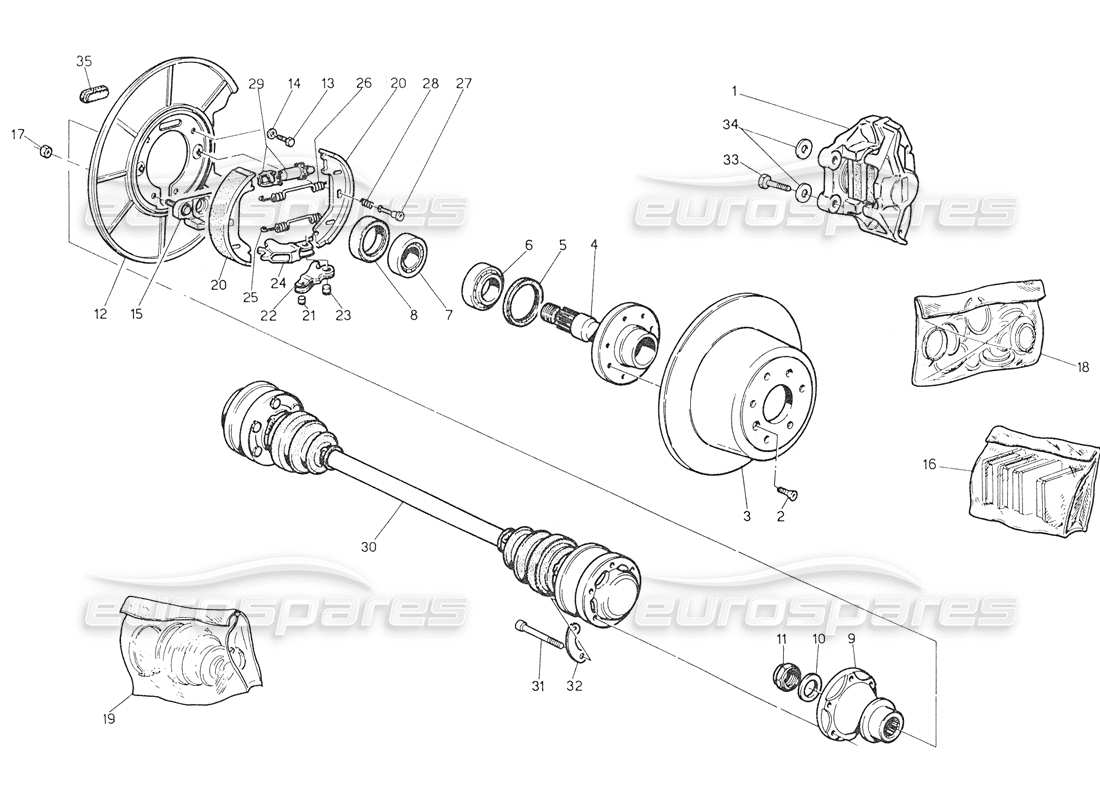 maserati biturbo spider hubs, rear brakes and drive shafts part diagram