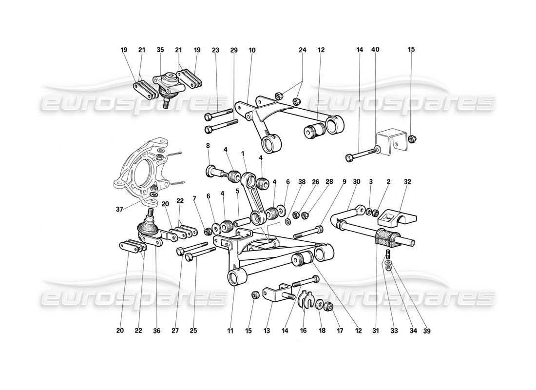 ferrari testarossa (1987) front suspension - wishbones parts diagram