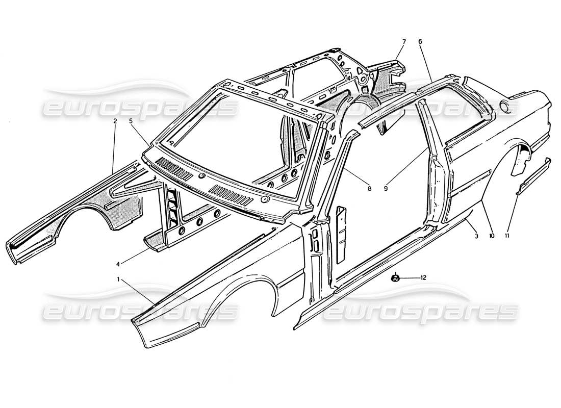 maserati 222 / 222e biturbo body shell: outer panels part diagram