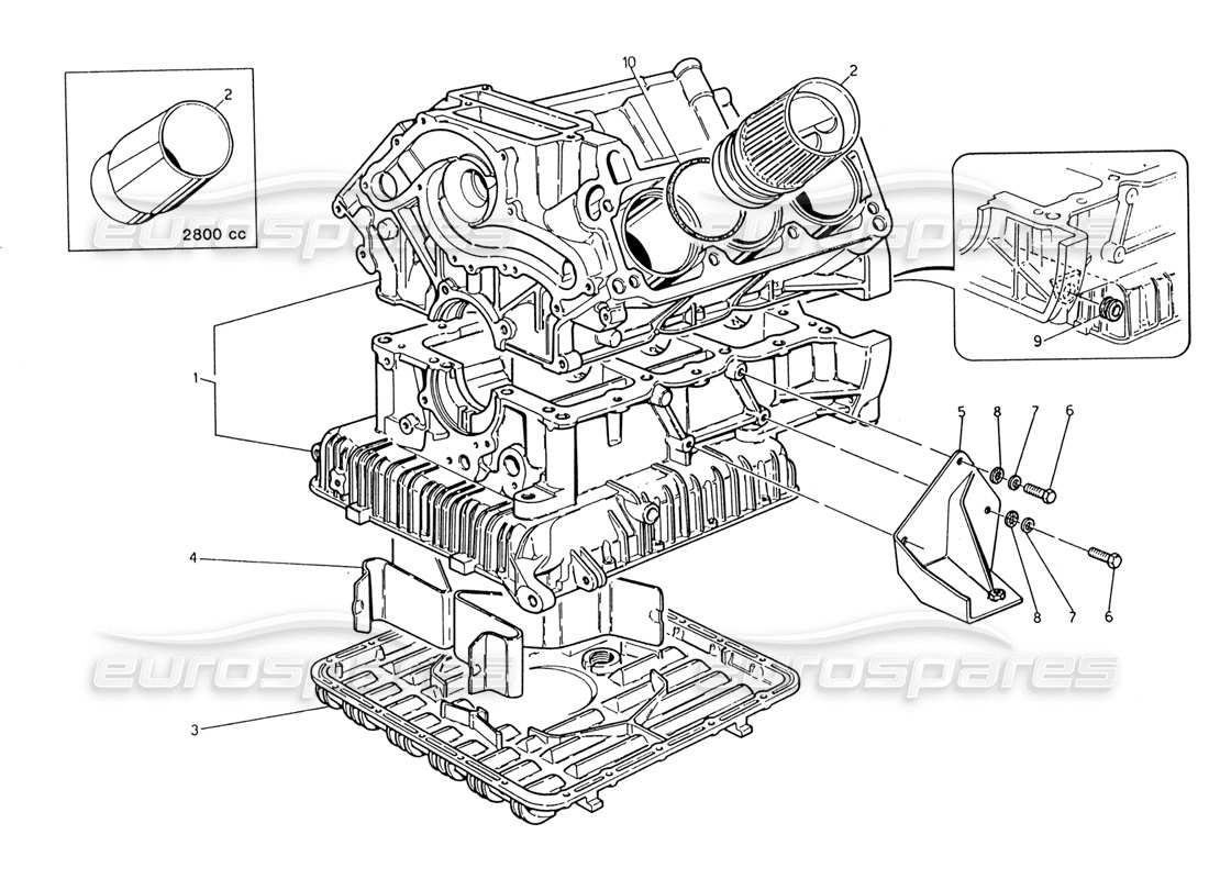 maserati 222 / 222e biturbo cylinder block and oil sump parts diagram