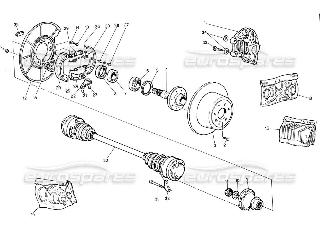 maserati 222 / 222e biturbo hubs, rear brakes and drive shafts parts diagram