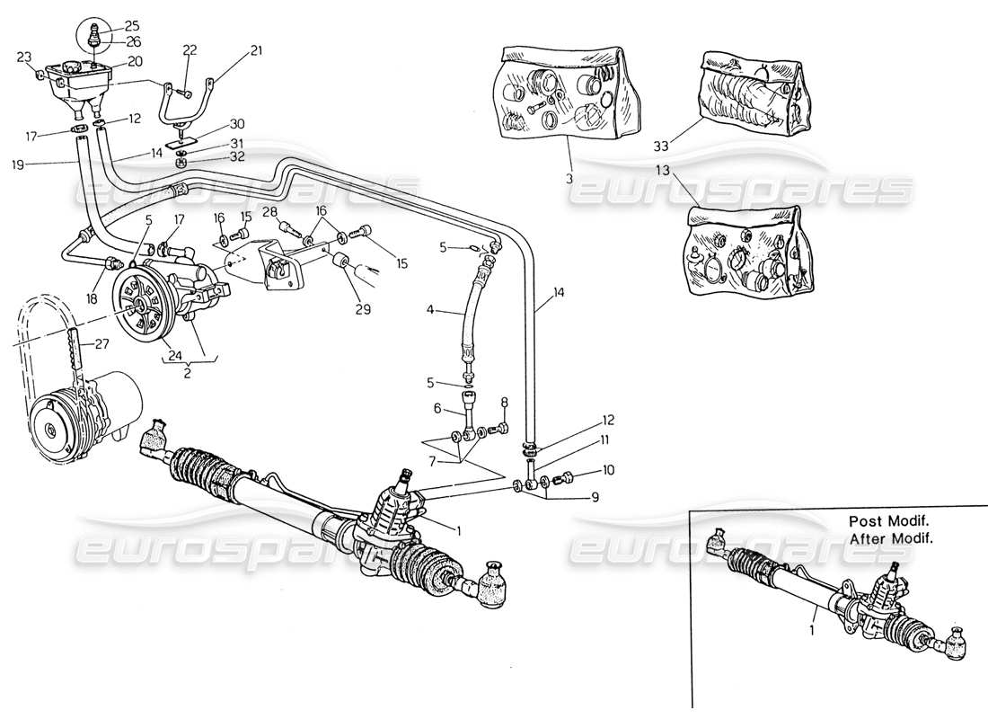 maserati 222 / 222e biturbo power steering system (lh steering) part diagram