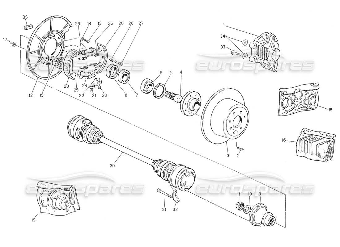 maserati karif 2.8 hubs, rear brakes and drive shafts parts diagram