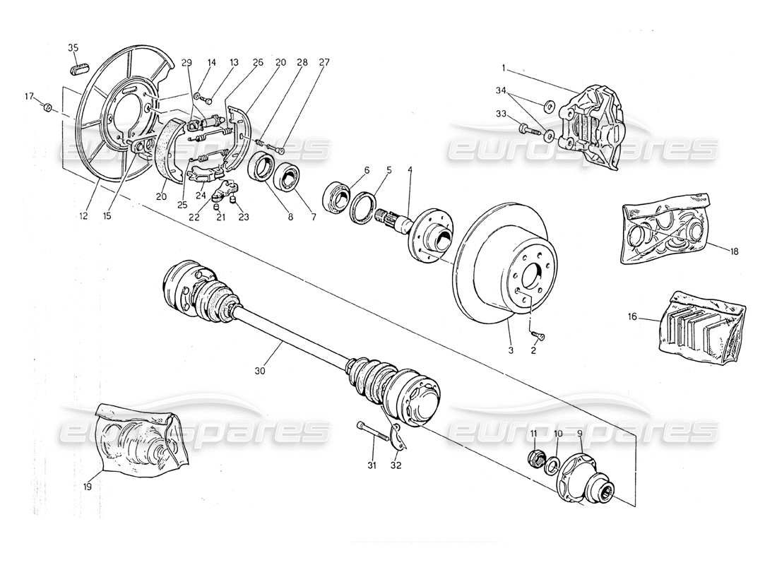 maserati 2.24v hubs, rear brakes and drive shafts parts diagram
