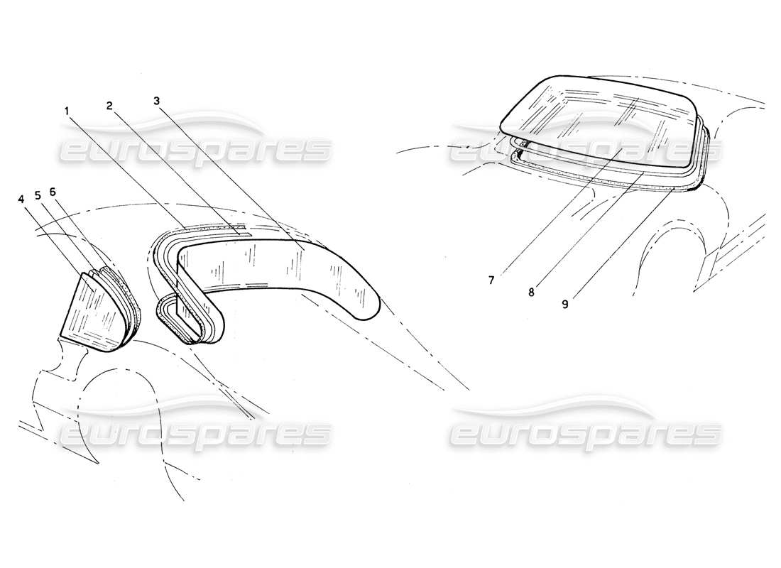 ferrari 206 gt dino (coachwork) front & rear screens part diagram