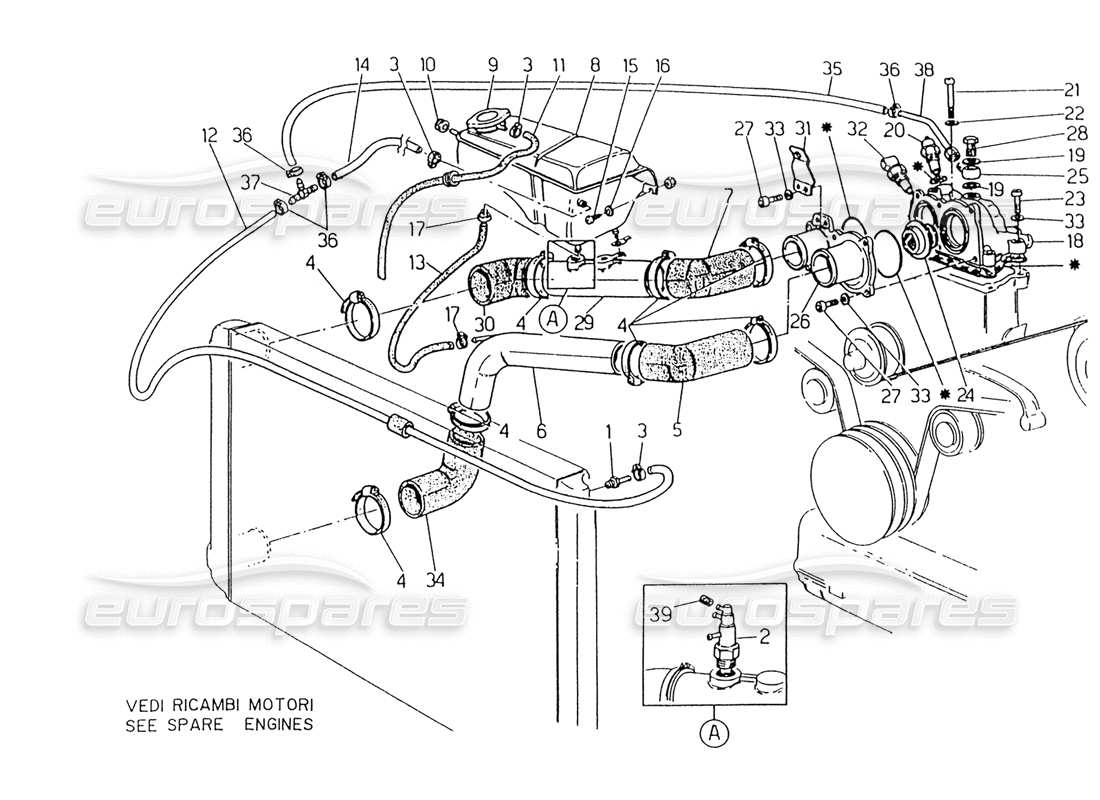 maserati 418 / 4.24v / 430 engine cooling, 4v part diagram