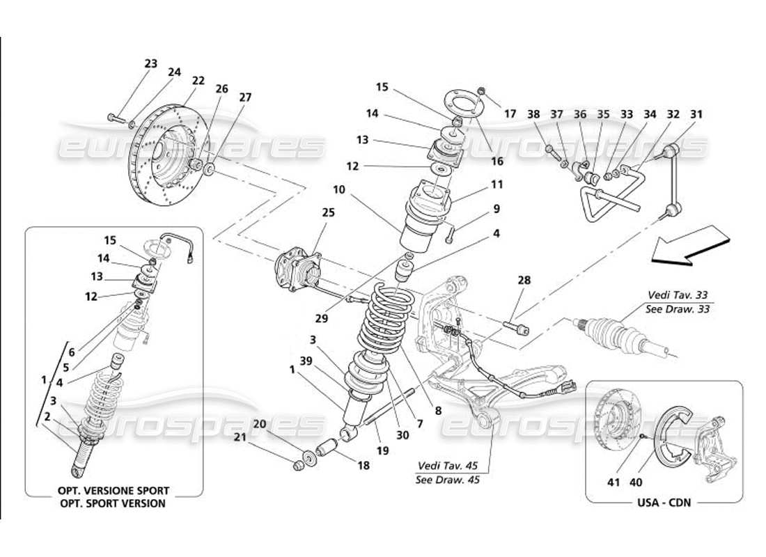 maserati 4200 gransport (2005) rear suspension - shock absorber and brake disk parts diagram