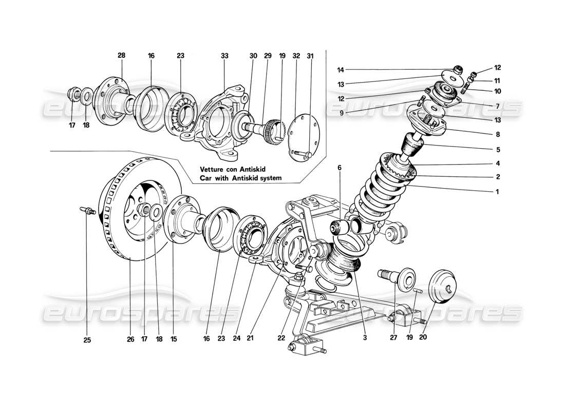 ferrari mondial 3.2 qv (1987) front suspension - shock absorber and brake disc parts diagram