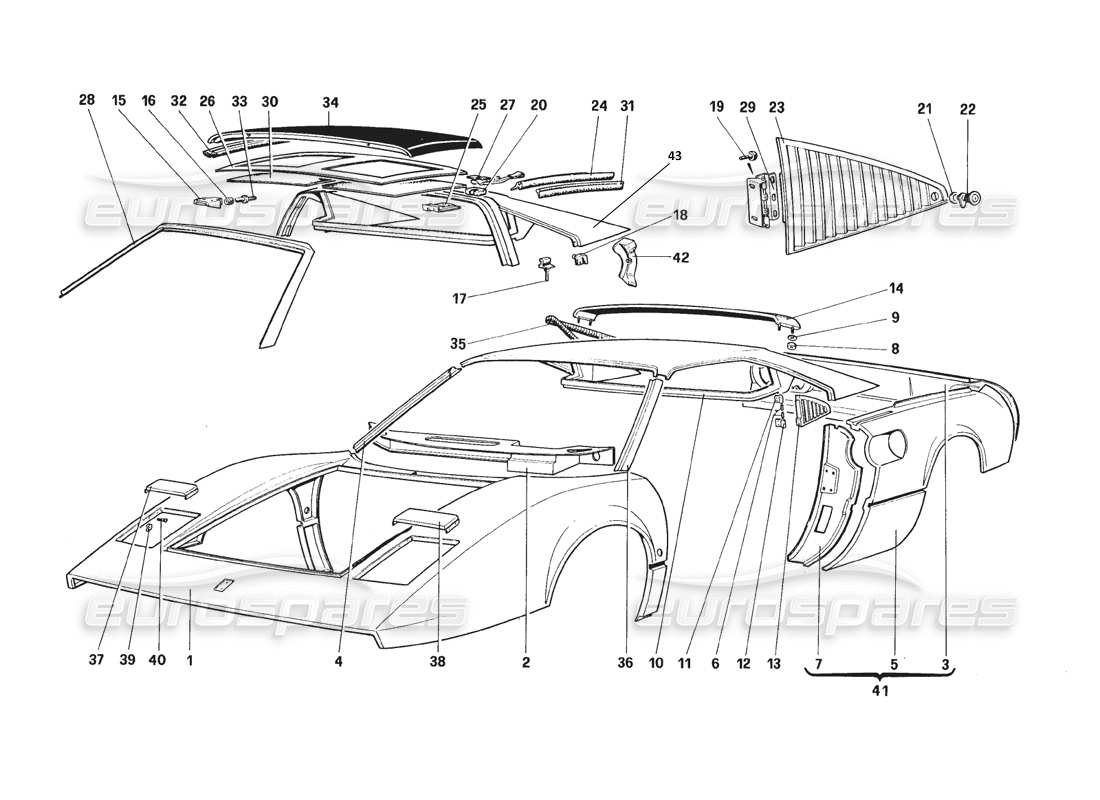 ferrari 328 (1988) body shell - outer elements parts diagram