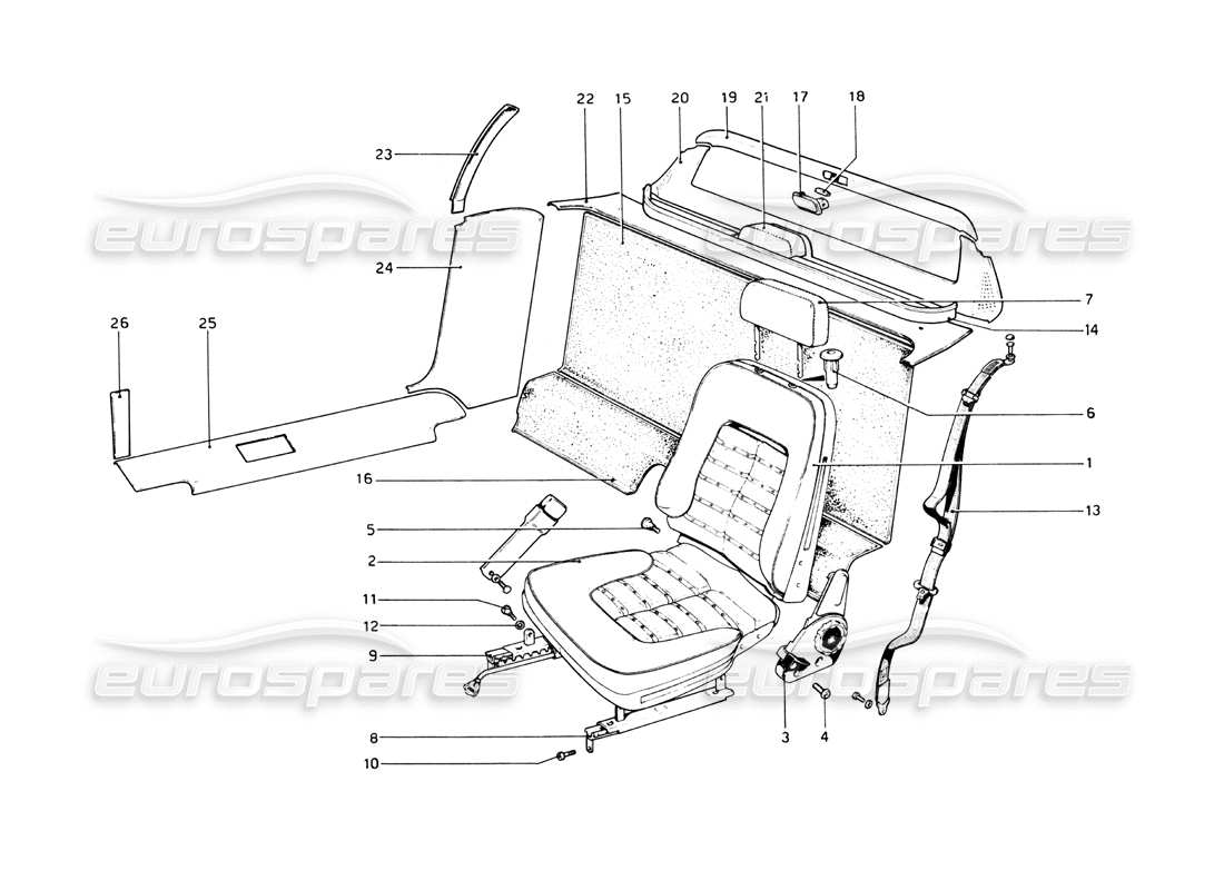 ferrari 512 bb interior trim, accessories and seats part diagram