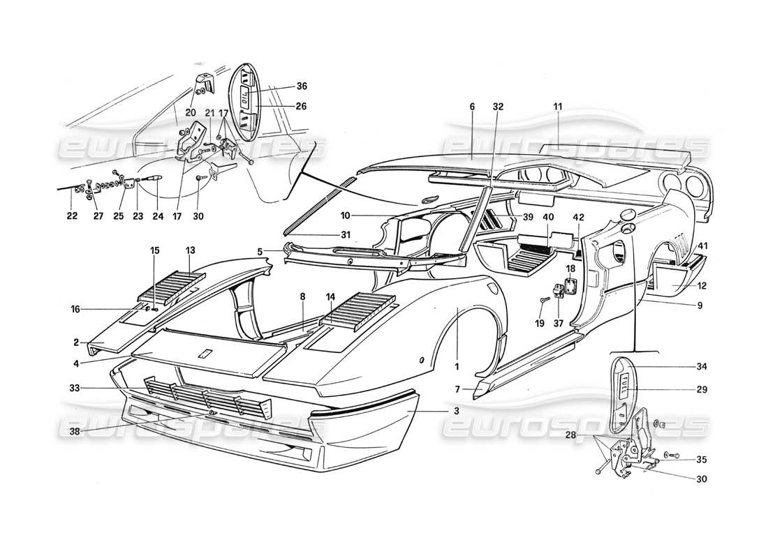 ferrari 288 gto body shell - outer elements parts diagram