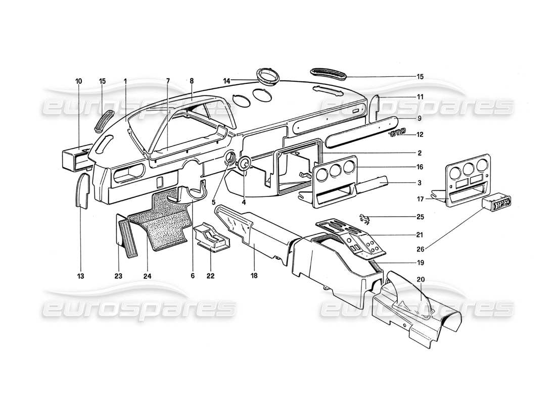 ferrari 288 gto instrument, panel and tunnel parts diagram