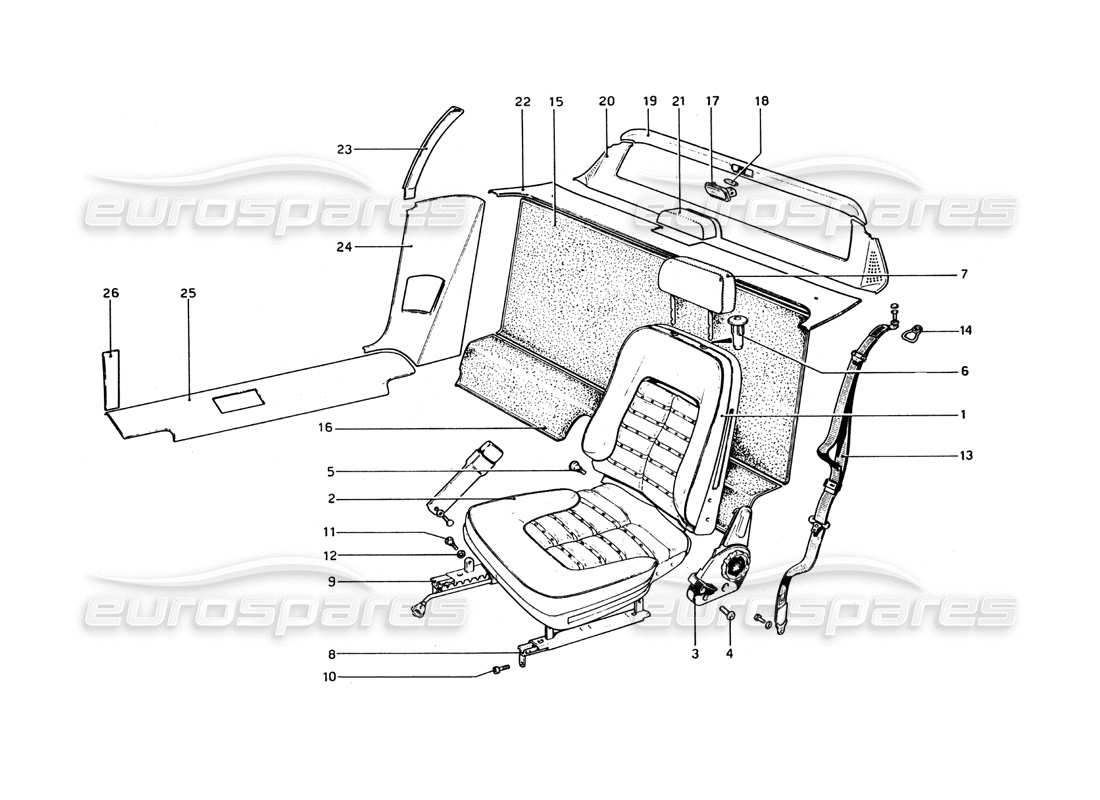 ferrari 365 gt4 berlinetta boxer interior trim, accessories and seats part diagram